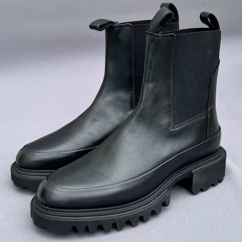 NEW AllSaints Harlee Lug Sole Chelsea Boots — Black Leather